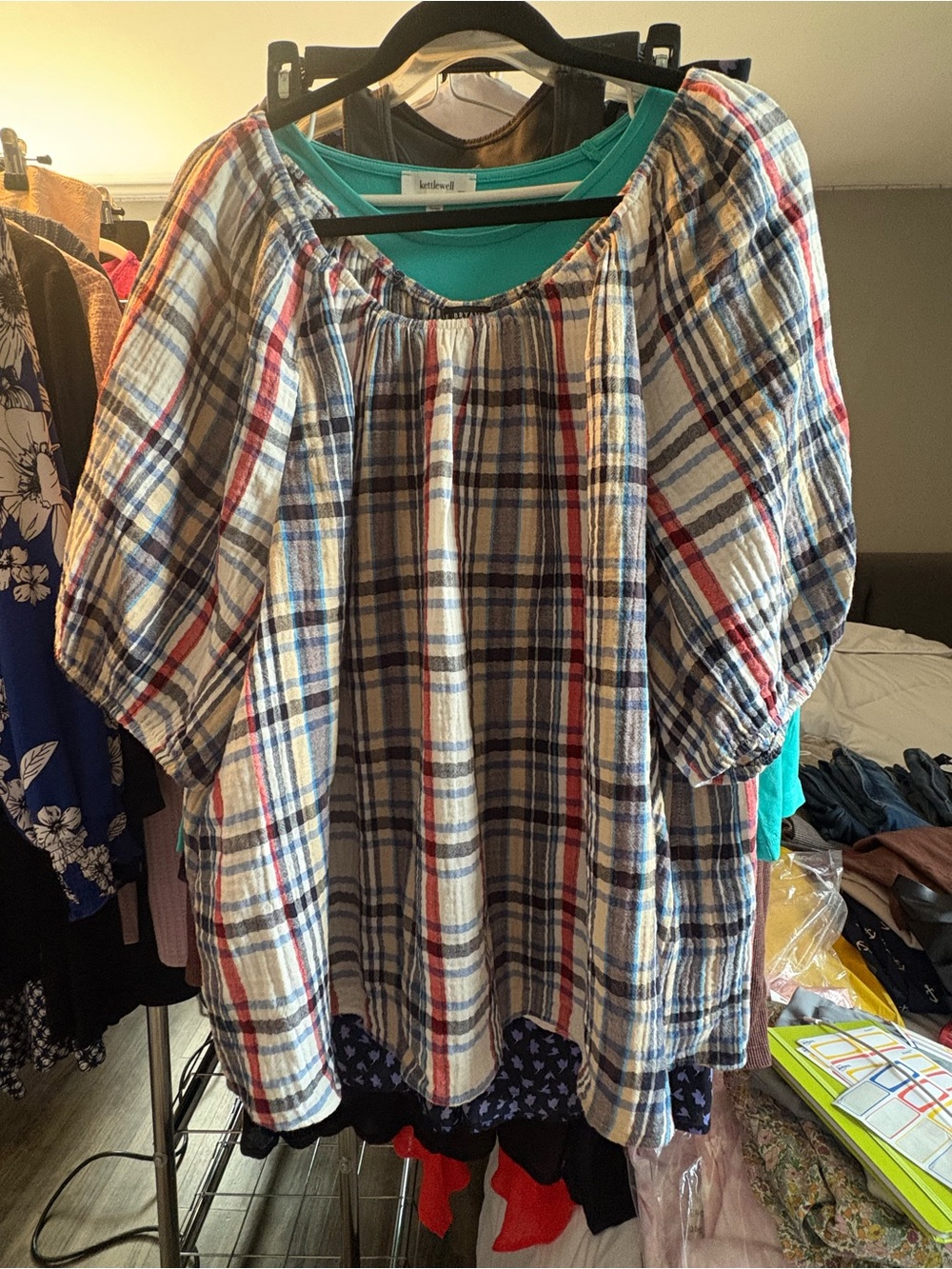 Lane Bryant 22/24 Plaid 100% Cotton Peasant Top Plus Size